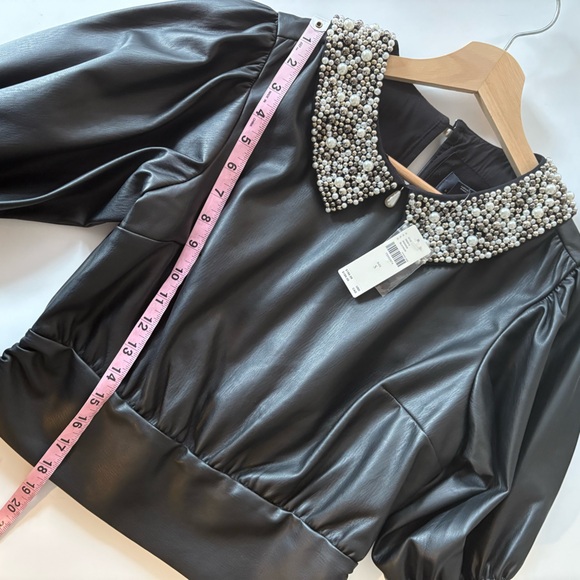 Anthropologie || Faux Leather Puff-Sleeve Blouse Pearls Black Small NWT - Picture 7 of 9